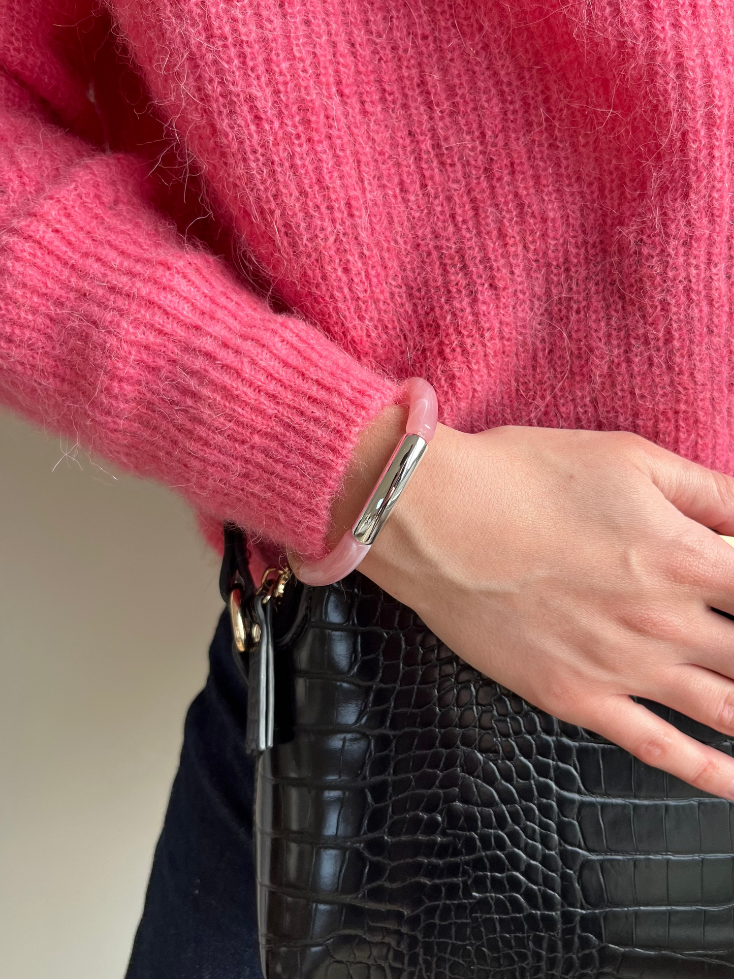 bracelet rose pâle, corail et argenté